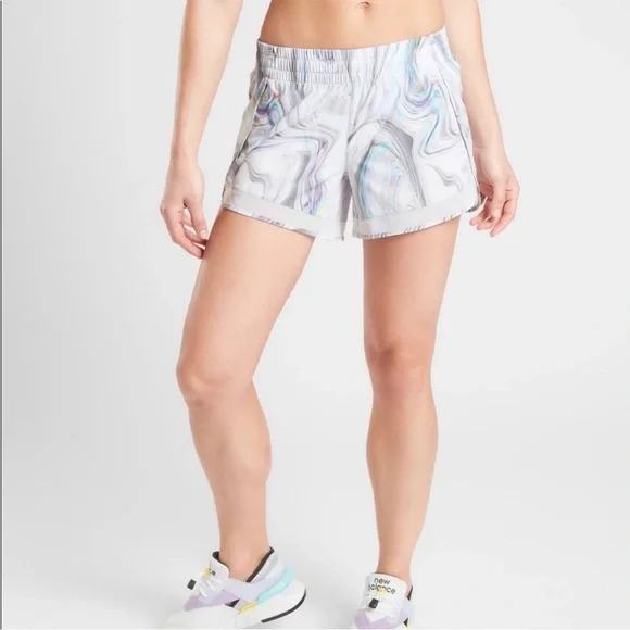 Athleta Mesh Racer Run Short in the "Iridescent Marble Glitch Rainbow" M - Picture 1 of 15